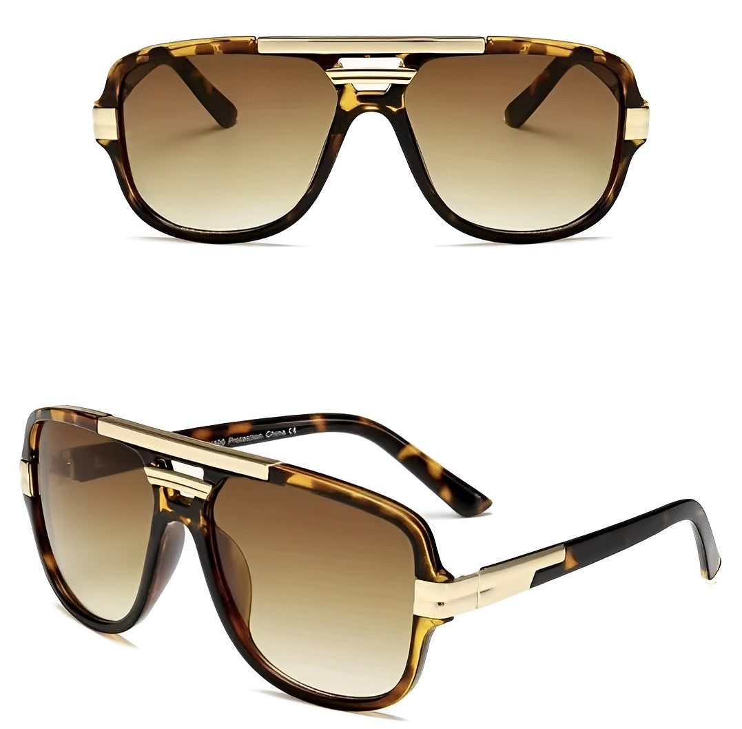 Tortoiseshell Frame Gradient Brown Double Bridge Beam Rapper Gangster Shades Sunglasses for Men Women Trending Chunky Frame Gold Detail Eyewear