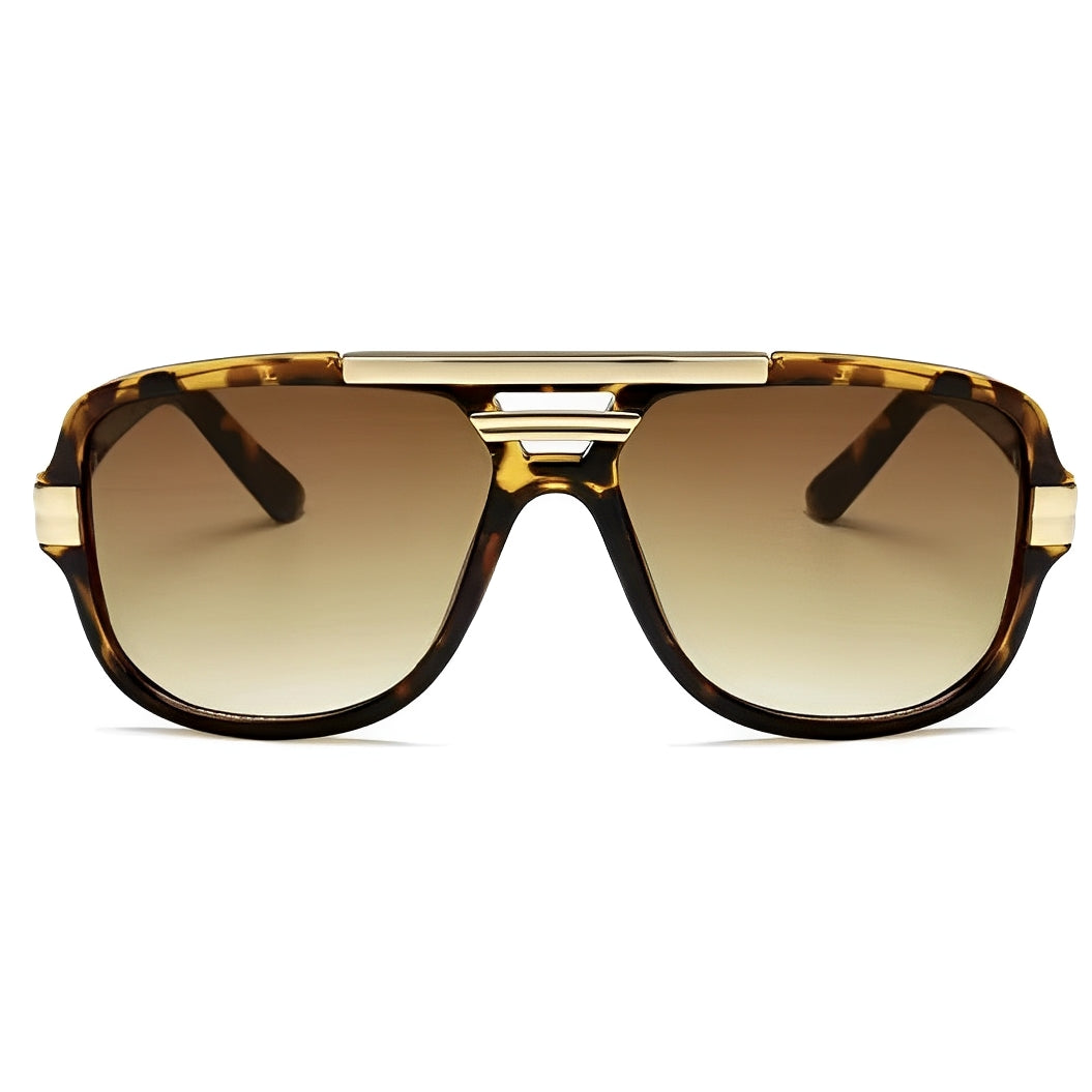 Tortoiseshell Frame Gradient Brown Double Bridge Beam Rapper Gangster Shades Sunglasses for Men Women Trending Chunky Frame Gold Detail Eyewear