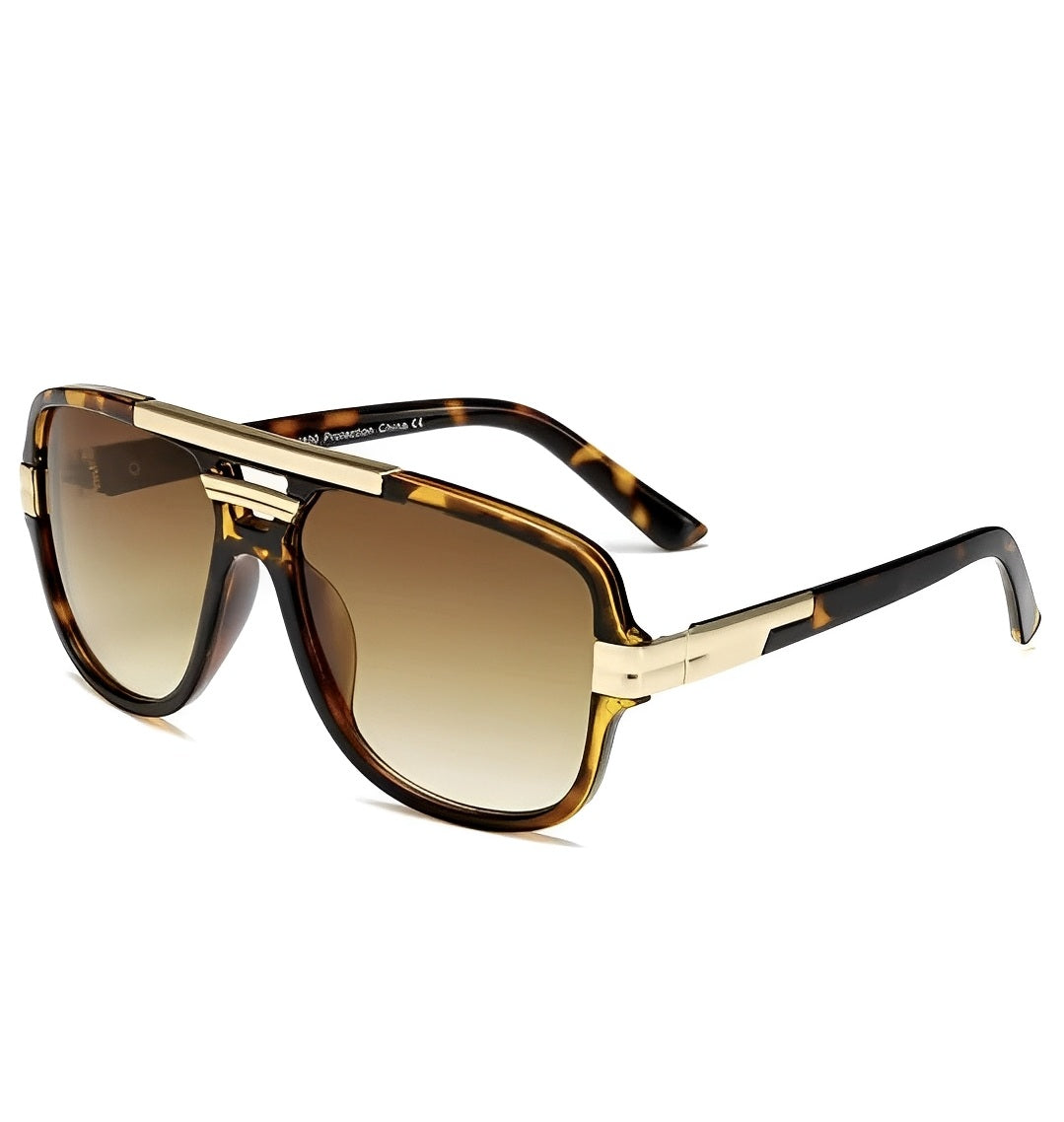Tortoiseshell Frame Gradient Brown Double Bridge Beam Rapper Gangster Shades Sunglasses for Men Women Trending Chunky Frame Gold Detail Eyewear