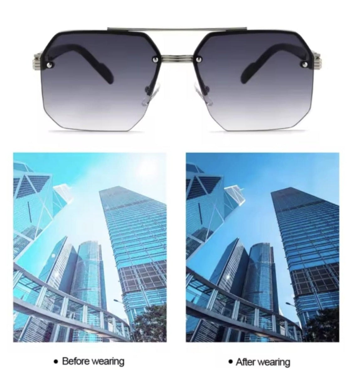 Elegant Oversized Hexagonal Sunglasses Retro Double Bridge Gray Lightly Tinted Lens Silver Detail Browline Frame