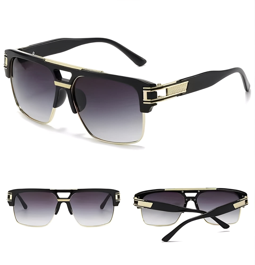 Mens Black and Gold Sqaure Sunglasses Oversized Clubmaster Half Frame Gradient Black Grey Lens Top Bar Browline