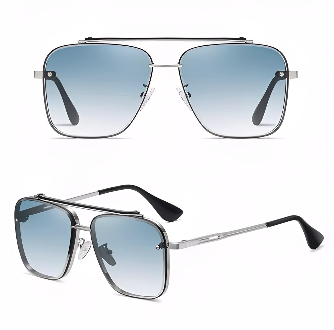 Oversized Square Sunglasses lightly Tinted Blue Lens Silver Alloy Strong Frame Rapper Hip Hop Celeb Styling for Men Women