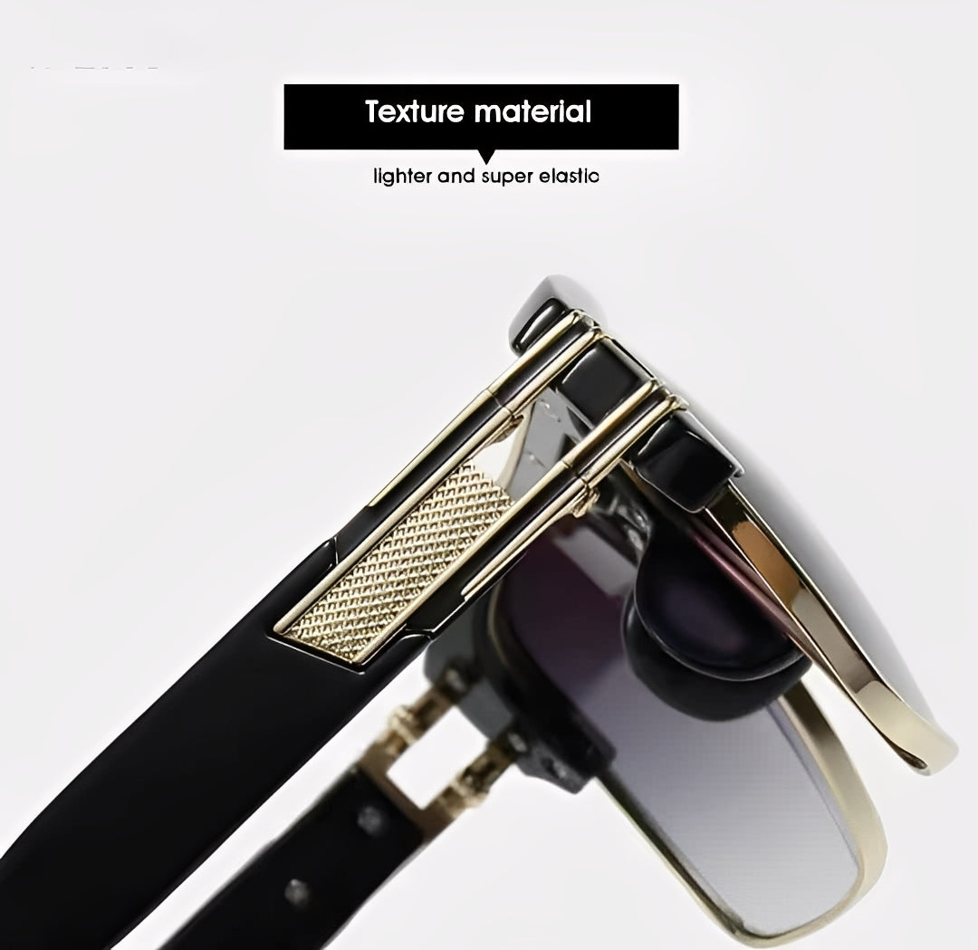 Mens Black and Gold Sqaure Sunglasses Oversized Clubmaster Half Frame Gradient Black Grey Lens Top Bar Browline