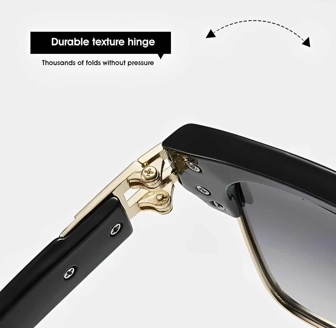 Mens Black and Gold Sqaure Sunglasses Oversized Clubmaster Half Frame Gradient Black Grey Lens Top Bar Browline