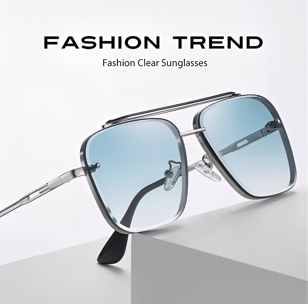 Oversized Square Sunglasses lightly Tinted Blue Lens Silver Alloy Strong Frame Rapper Hip Hop Celeb Styling for Men Women