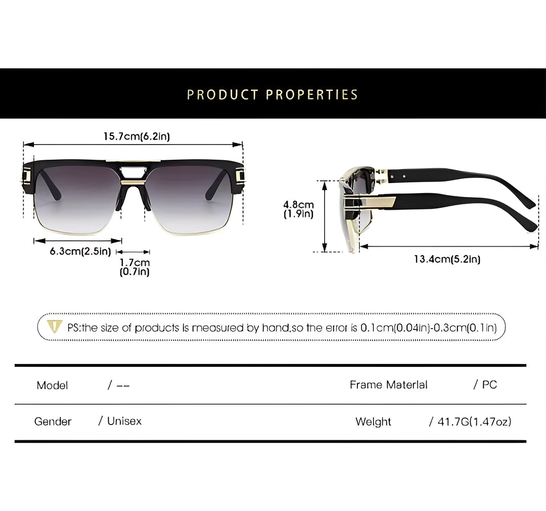 Mens Black and Gold Sqaure Sunglasses Oversized Clubmaster Half Frame Gradient Black Grey Lens Top Bar Browline